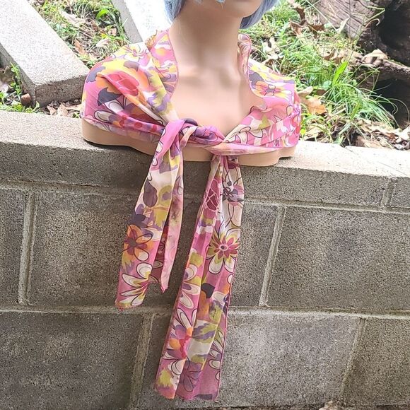 Pink 70's Floral Print Semi Sheer Scarf - Picture 2 of 8